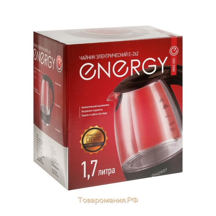 Чайник электрический ENERGY E-262, стекло, 1.7 л, 2200 Вт, белый