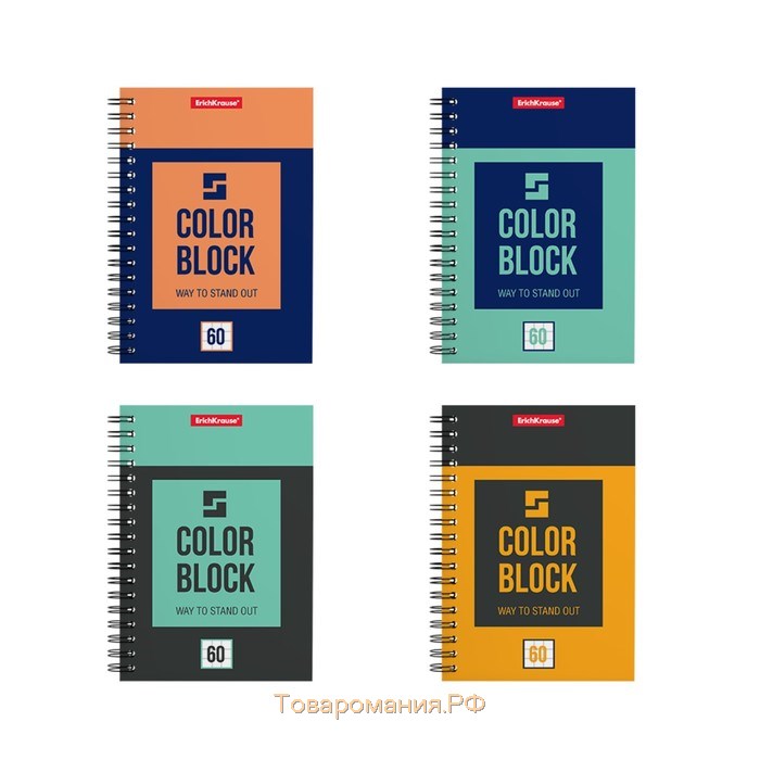 Тетрадь А6 на гребне, 60 листов в клетку ErichKrause Color Block, обложка мелованный картон, МИКС