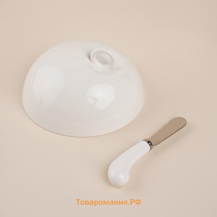 Маслёнка SL Home «Тренто», 22×17,5 см, на деревянной подставке, с ножом для масла, фарфор, белая