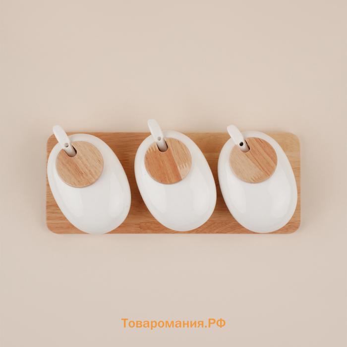 Банки для сыпучих SL Home «Тренто», 150 мл, набор 3 шт., с ложками, на деревянной подставке, фарфор, белые