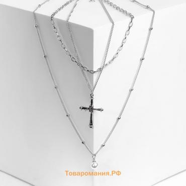 Кулон «Цепь» крест с жемчугом, цвет белый в серебре, L=60 см