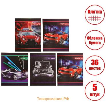 Набор тетрадей 36 листов в клетку, Calligrata «Авто-2», обложка мелованная бумага, серые листы, 5 шт.