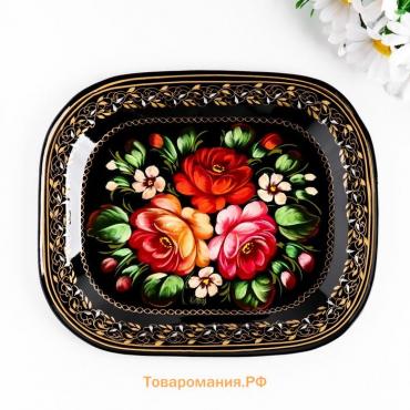 Поднос жостовский "Розы", черный, с авторской росписью, 24х20 см