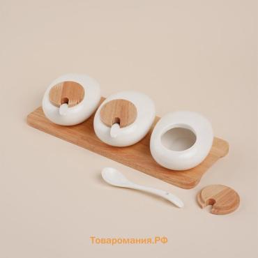 Банки для сыпучих SL Home «Тренто», 150 мл, набор 3 шт., с ложками, на деревянной подставке, фарфор, белые